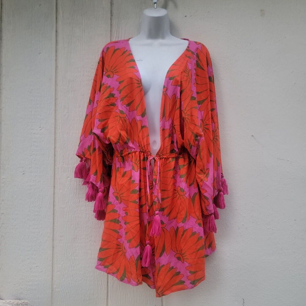 Farm Rio copabanana floral tassel trim cover up kimono Sz S Beachy Coastal